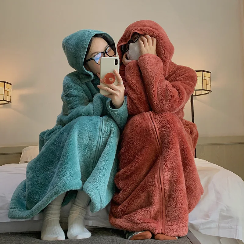 Couple Winter Bathrobe Zipper Hooded Warm Women Dressing Gown Solid Fleece Thick Loose Comfortable Barh Robe For Female