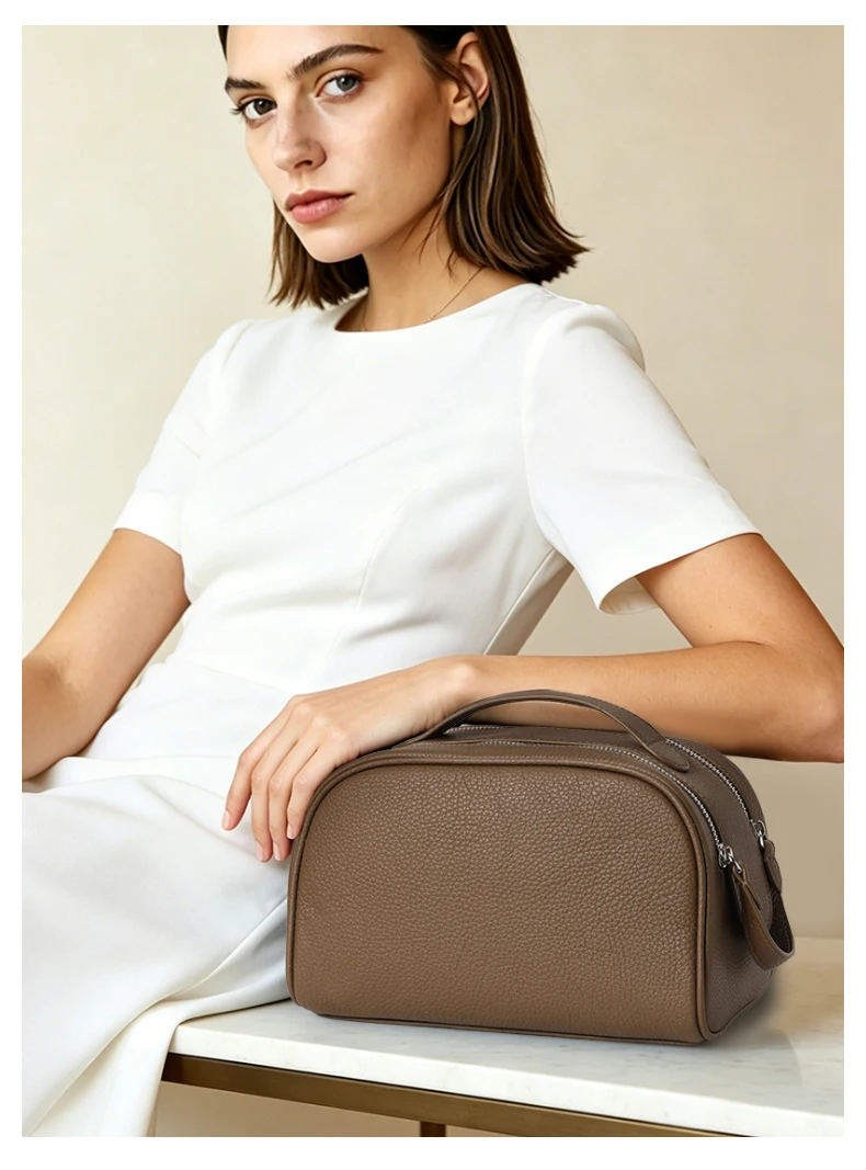 Damen-Kulturtasche aus genarbtem Leder, große Reise-Kosmetiktasche mit Griff, ideal für Reisen und den täglichen Gebrauch – Detail 2
