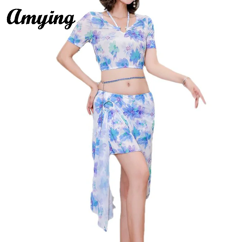 

Women Sexy Top+Split Skirt Costume Set Oriental Dance Practice Training Performance Floral Clothing Beautiful Flower Skirt