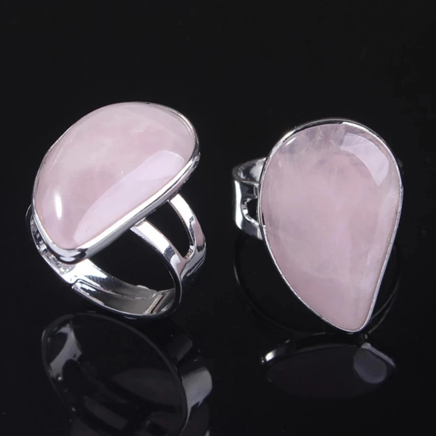 Natural Reiki Healing Crystal Stone  Finger Ring Teardrop Rose Pink Quartz Agates Resizable Water Drop Party Wedding Jewelry