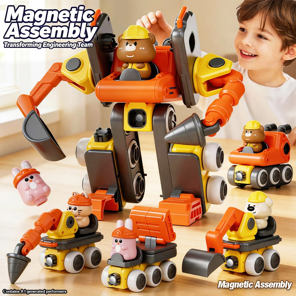 4in1 Magnetic Assembly Robots Engineering Vehicle Multi-Function Construction Team Combined Deformation Educational Toys for Boy