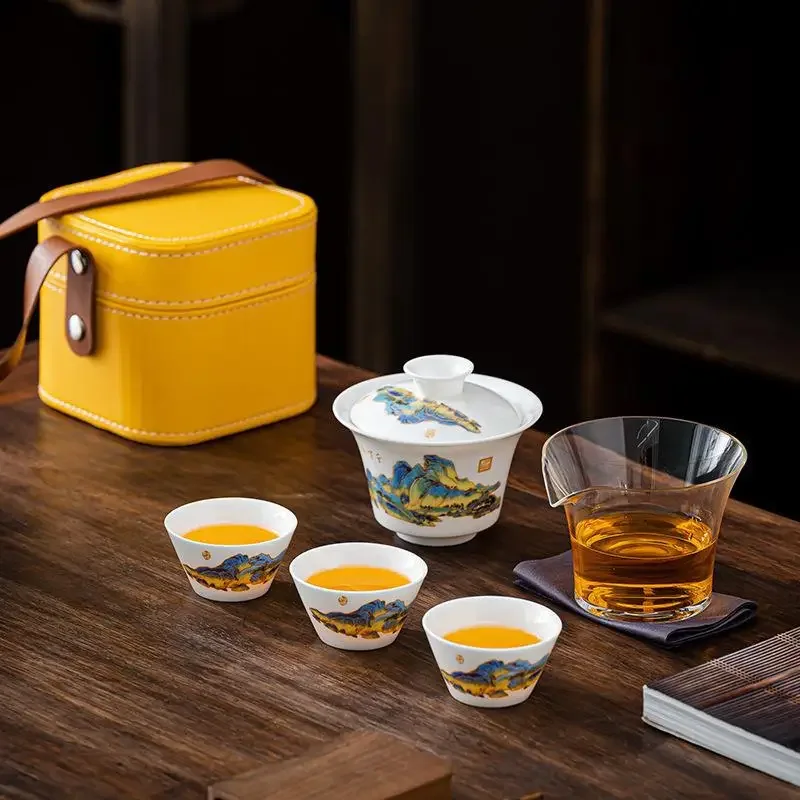 Travel Tea Set Lamb Jade White Porcelain Kung Fu Tea Set 1 Pot 3 Cups Outdoor Portable Business Accompanying Gifts Birthday Gift