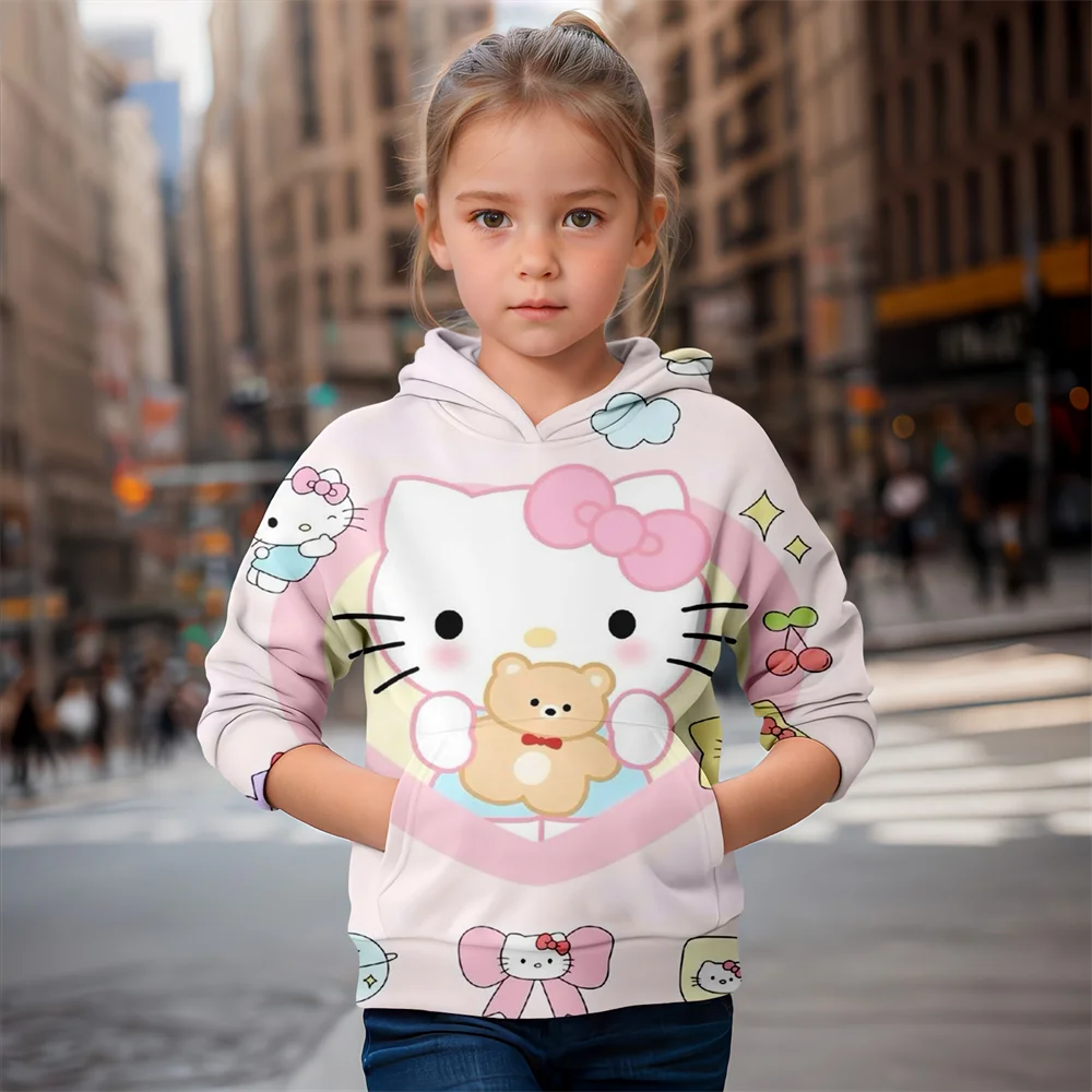 Cartoon MINISO Stitch en Hello Kitty 3D-geprinte meisjeshoodies met lange mouwen en capuchon mooie trui meisjeskleding tops