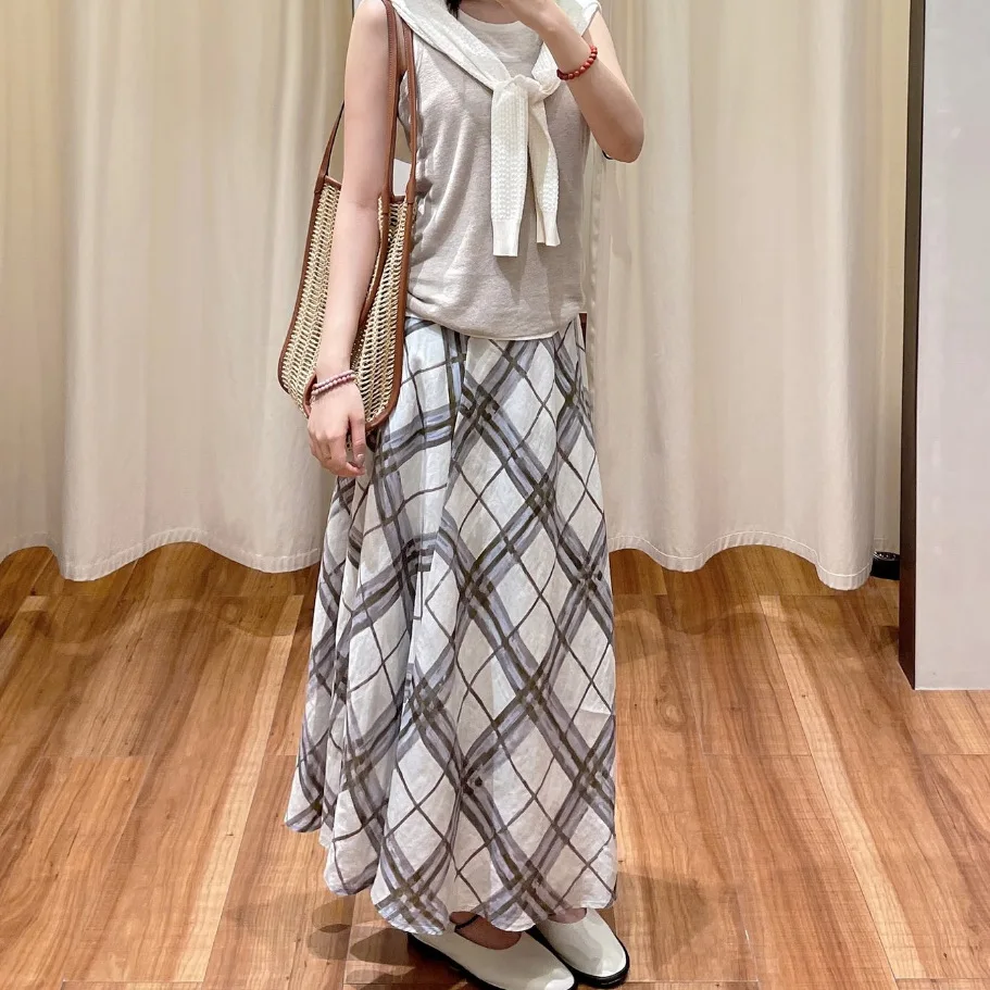 Withered Summer New Retro Art Painting Style Patterned Linen Plain Cloth Loose A-line Skirt Skirt Woman Clothing Faldas Skirts
