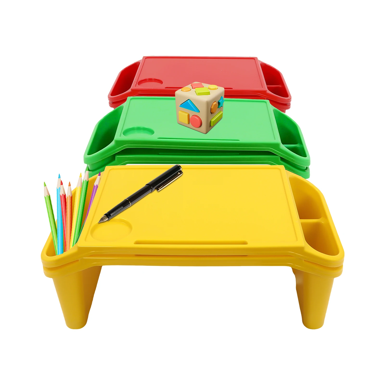 6Pcs Red Green and Yellow Children's Lap Table with Side Storage Multifunctional Movable Dining Table Used in Kindergartens