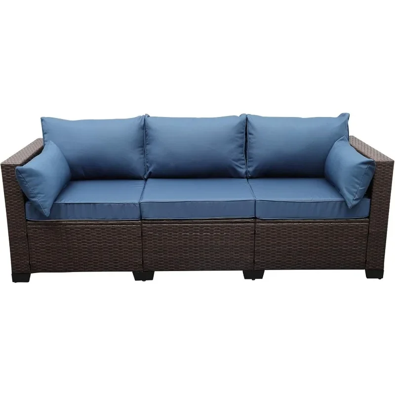 3-Seat Patio Wicker Sofa, Outdoor Rattan Couch Furniture Steel Frame with Furniture Cover and Deep Seat High Back