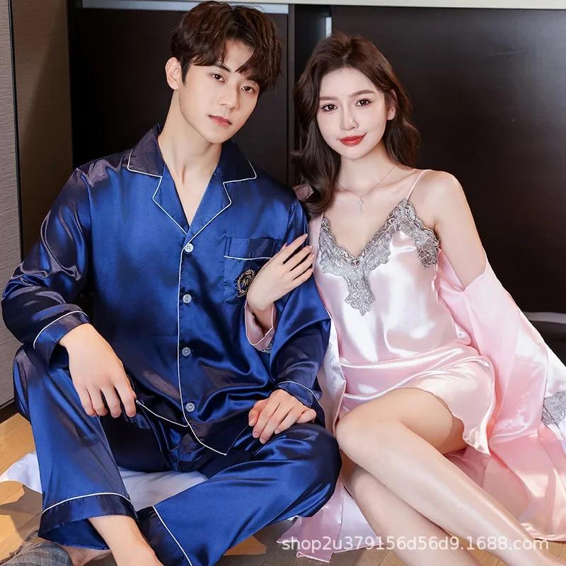 Spring Autumn Couples Pajamas Set Cute Rayon For Women Robe Sets Men Satin Sleepwear Pyjamas Suit Home Clothing Sleep