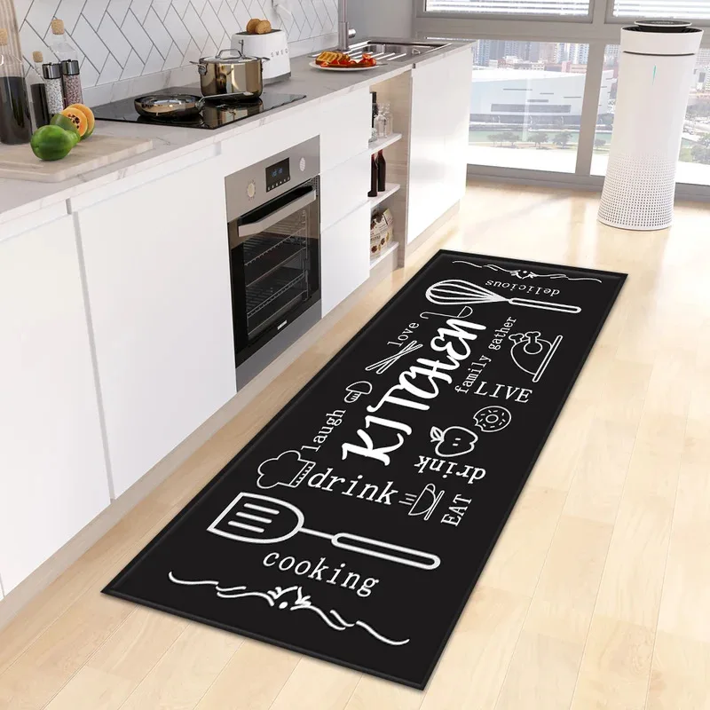 VIKAMA American Graffiti Style Kitchen Strip Floor Mat With Food Patterns Waterproof And Anti Slip Kitchen Floor Mat Home Decor