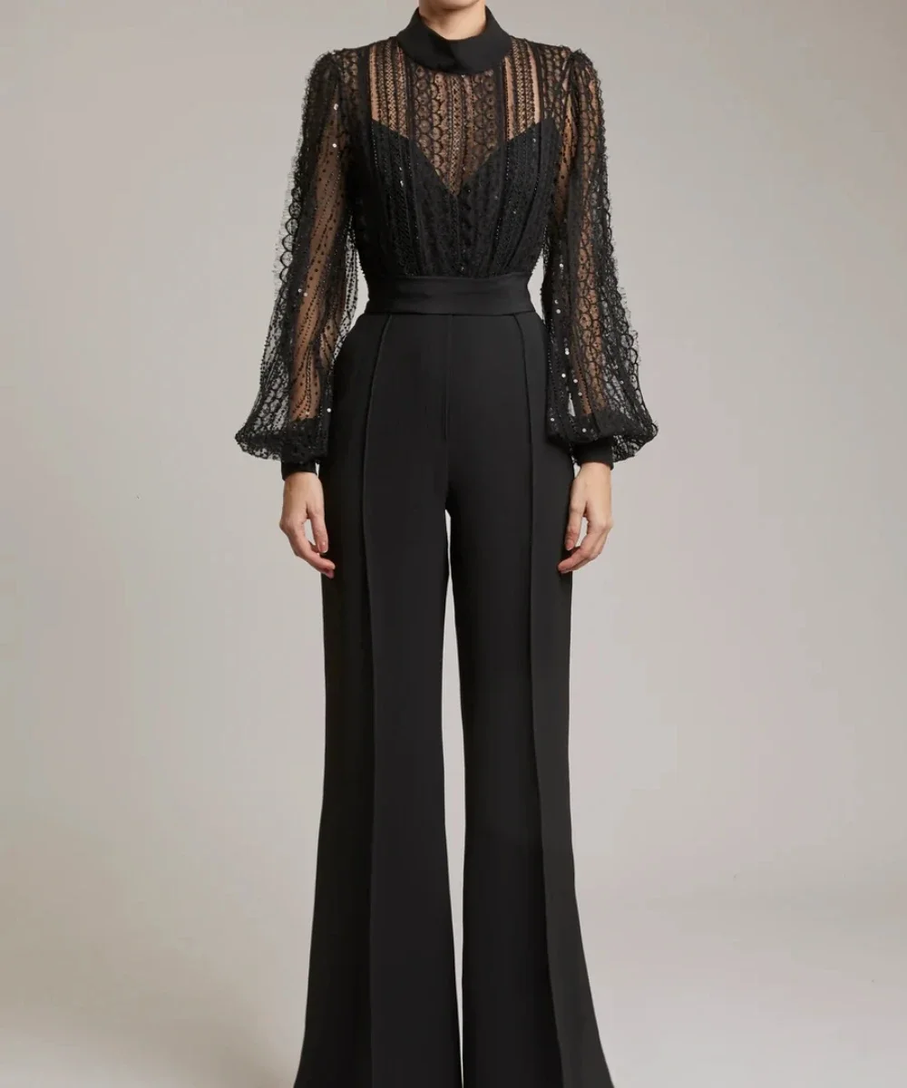 Elegant Wide-legged Jumpsuit Dances Between Transparency And Opacity In Glistening Sequins Beads and Lace 2024