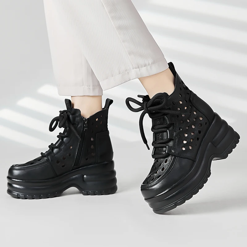 Ethnic Style Hollow Out Short Boots Women Genuine Sloping Heel Thick Soled Cool Boots Casual High Top Perforated Leather Shoes