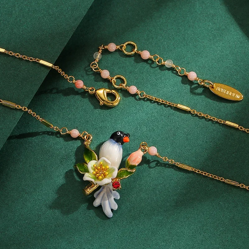 New Arrival Handmade Blue Grey Enamel Bird Pendant Necklace Fancy Birthday Gift Statement Jewelry Cute 3D Sparrow Beautiful Flow