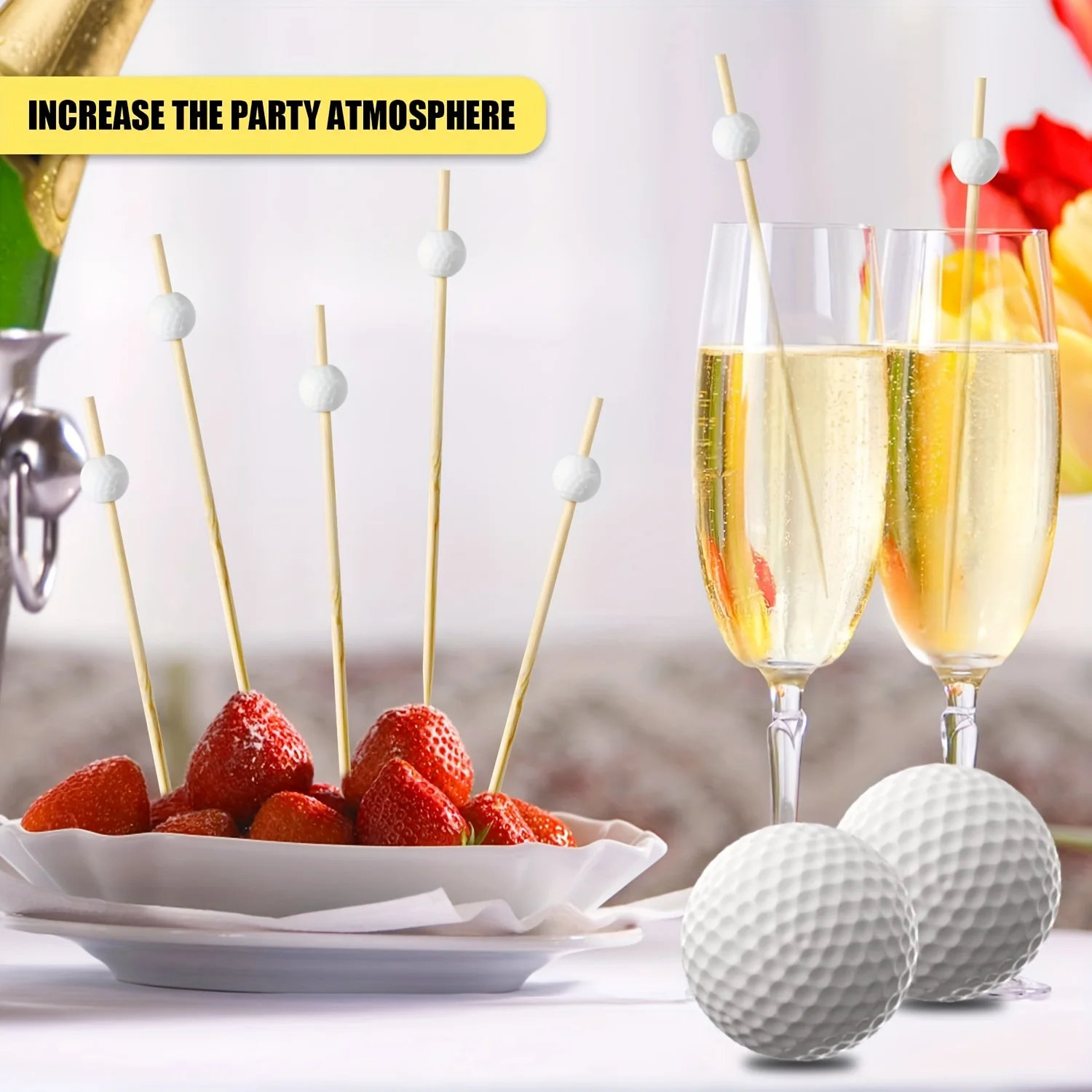 50/100pcs Pack Disposable Golf Ball Bamboo Skewers for Cocktail Fruit Appetizer 12cm Decorative Cocktail Picks for Party