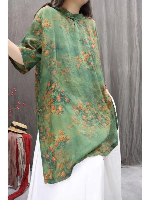 

Mid-Length irt New Chinese Sle Lightweight Breathable Floral Print Summer New Arrival Ele Women's Blouse