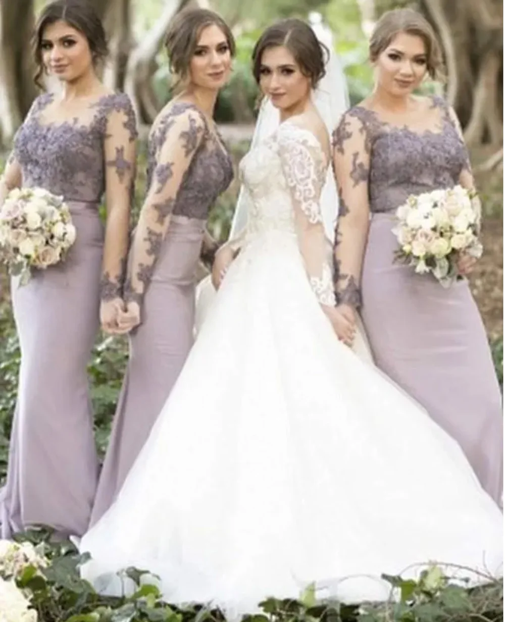 

New Mermaid Bridesmaid Dresses Scoop Long Sleeve Floor-Length Sweep Train Beaded Applique Lace Satin long Plus Size Illusion