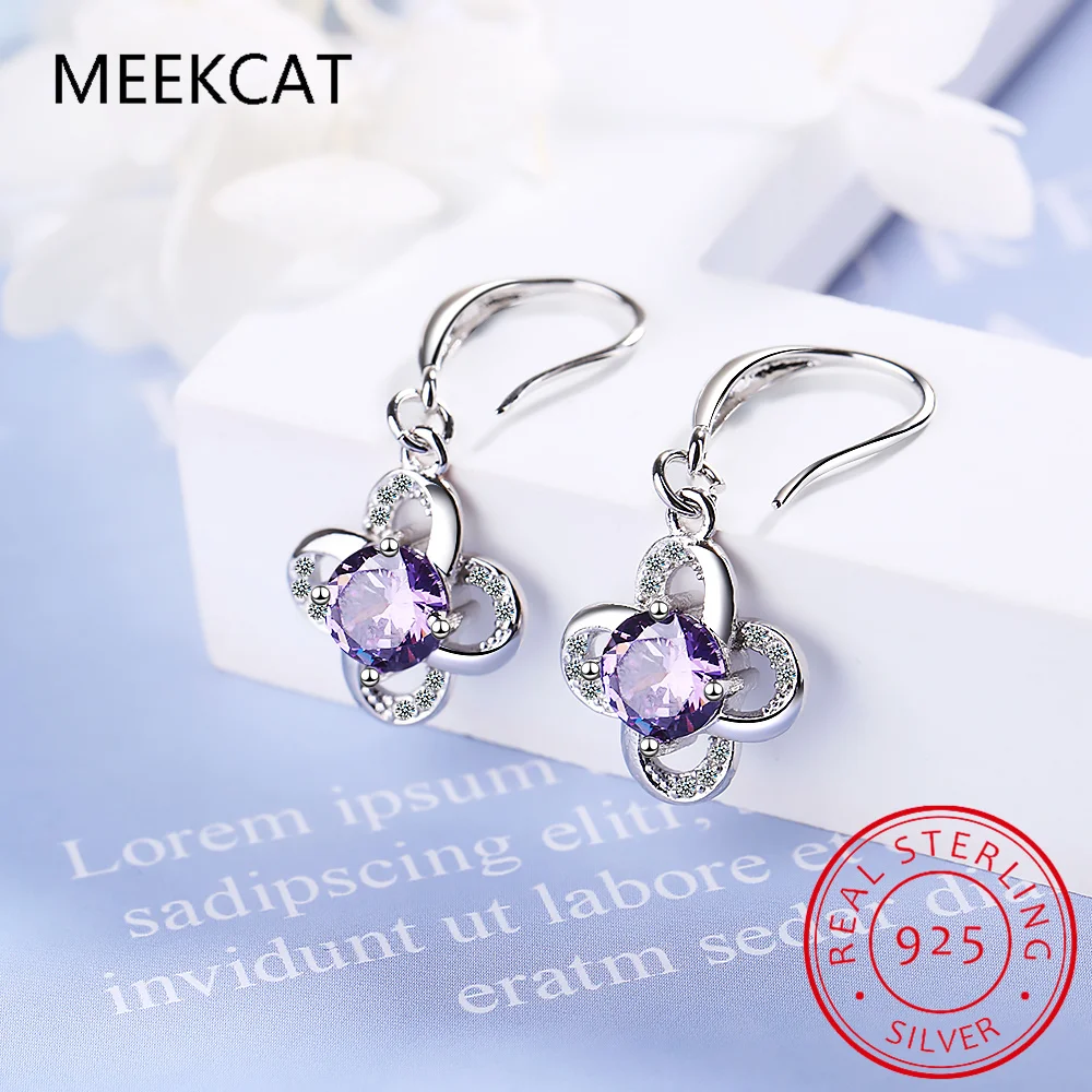Round Purple Created Alexandrite Sapphires 925 Sterling Silver Four Leaf Clover Drop Earrings for Women Gemstone Jewelry Brincos