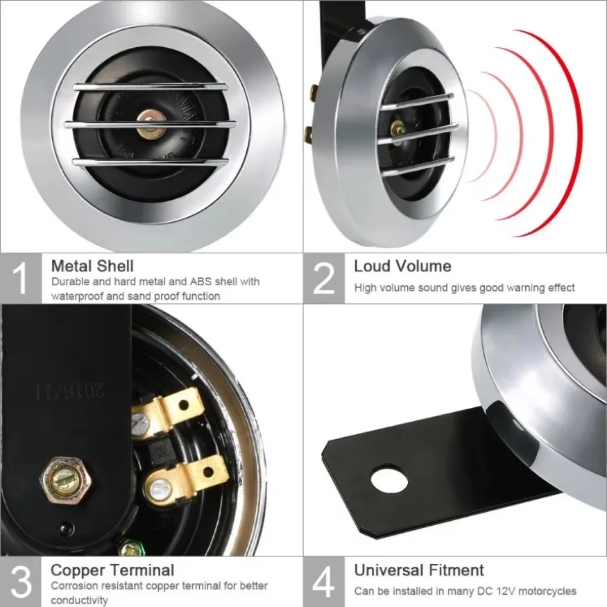 DC 12V 1.5A 105dB Universal รถจักรยานยนต์กันน้ํารอบฮอร์นไฟฟ้าอุปกรณ์ตกแต่งภายในรถยนต์ 1x