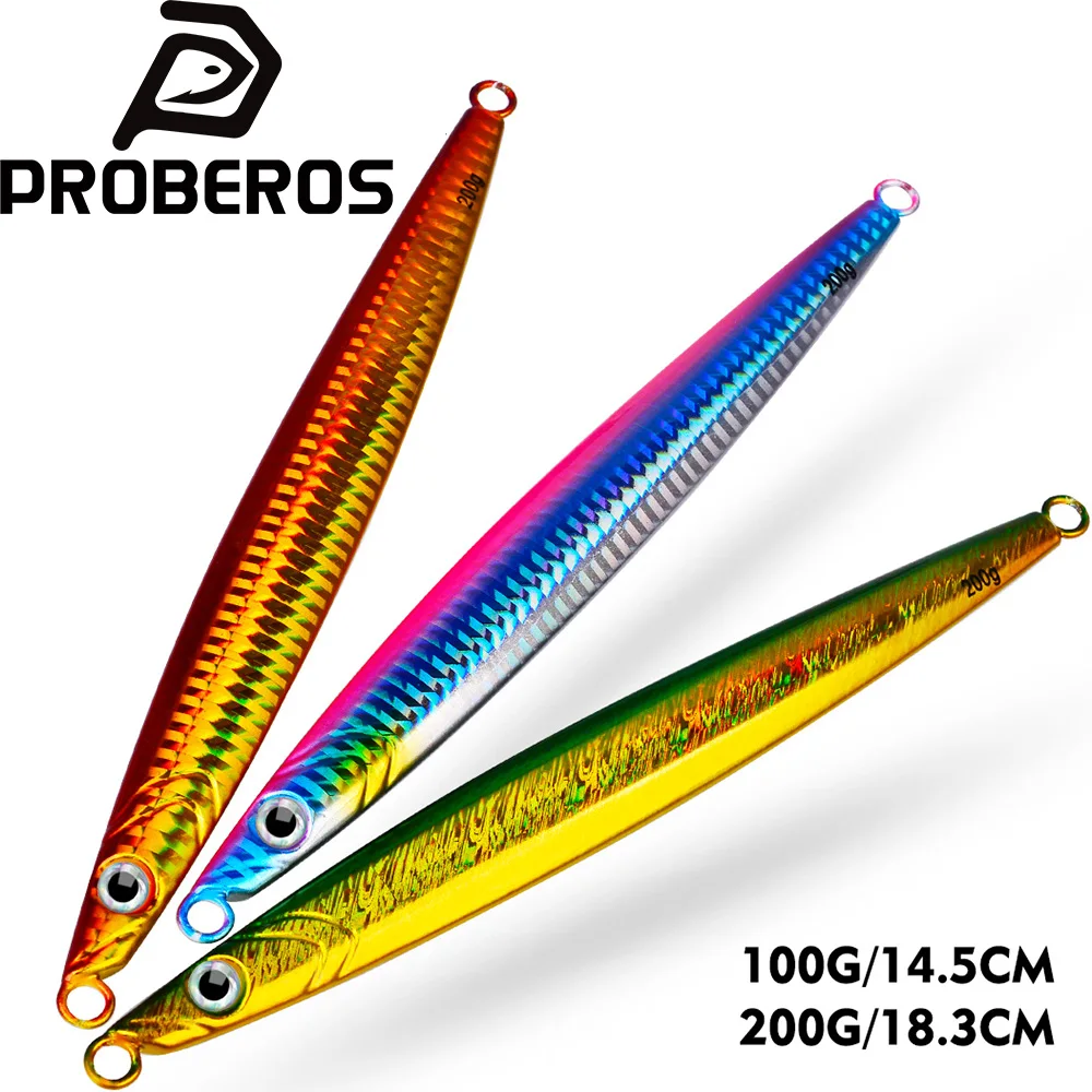 

PROBEROS 1Pc Long Metal Jig Luminous Fishing Lure Slow Cast Jigging Spoon 100G 200G Sea Bass Lure Artificial Bait Fishing Gear