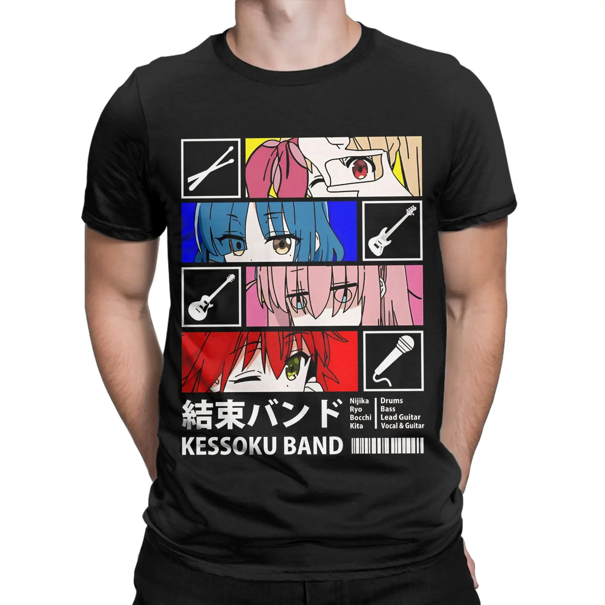 Colorful Band Silhouette  Classic Bocchi the Rock Funny 100% Cotton T-Shirt Tees Tops For Men