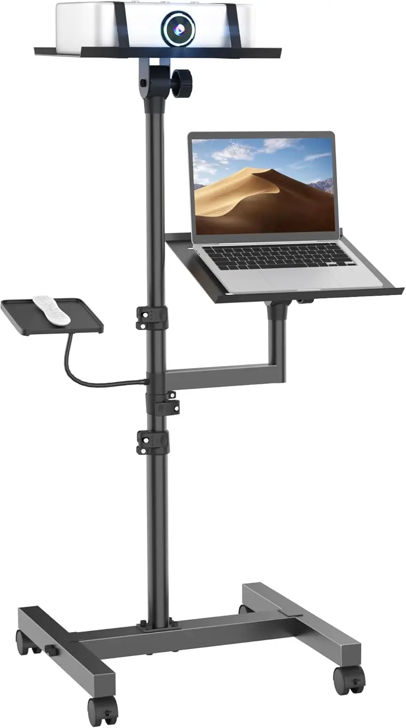

Adjustable Laptop Tripod Stand with Wheels, 2 Shelves & Ventilated Tray for Projector, Podium, Meeting