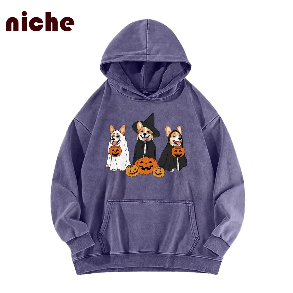 Casual Neutral Style Sweatshirt Cartoon Puppy Halloween Pumpkin Graphic Print Hoodie Loose Shoulder Trend Designer New Sweater