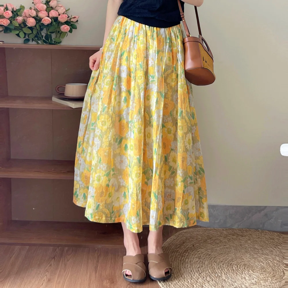 Retro Floral Print Midi Skirt Elastic Waist A-Line Female Yellow Flower Skirt Commute Style Long Skirt Polyester Cotton Blend