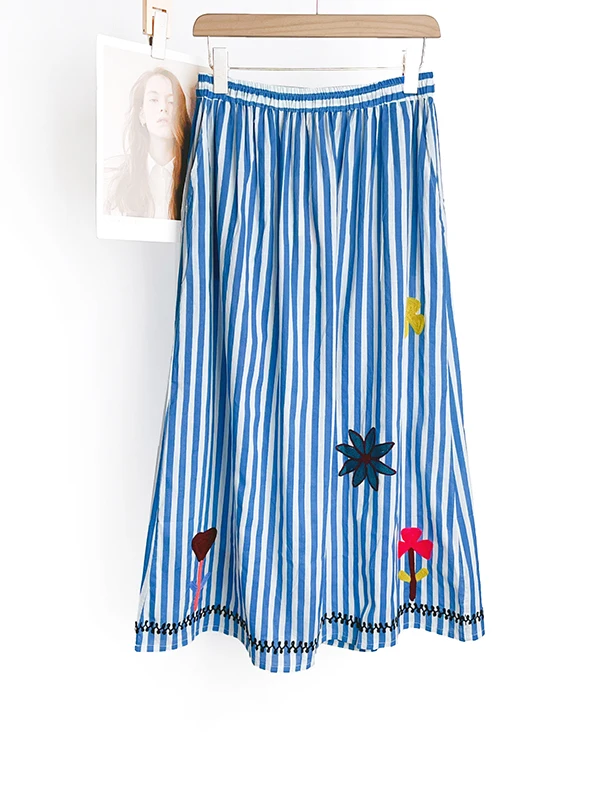 Nordic verão artístico azul listrado bonito animal flor retalhos v-ne com cinto irt f saia conjunto feminino faion conjunto