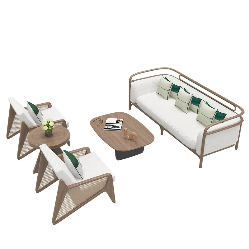 New Chinese-style solid wood rattan sofa hotel clubhouse B & B sales office reception card seat wabi sandy wind furniture