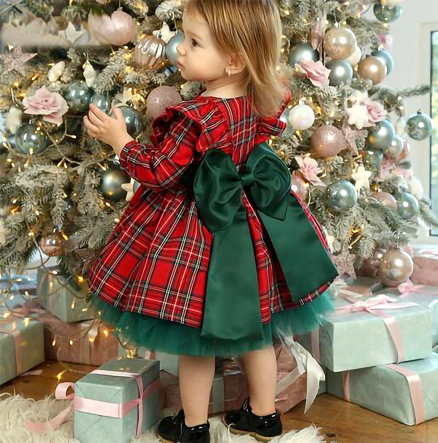 Christmas New Children Clothing Girls Plaid Long Sleeved Dress Christmas Big Bow Mesh Princess Dress