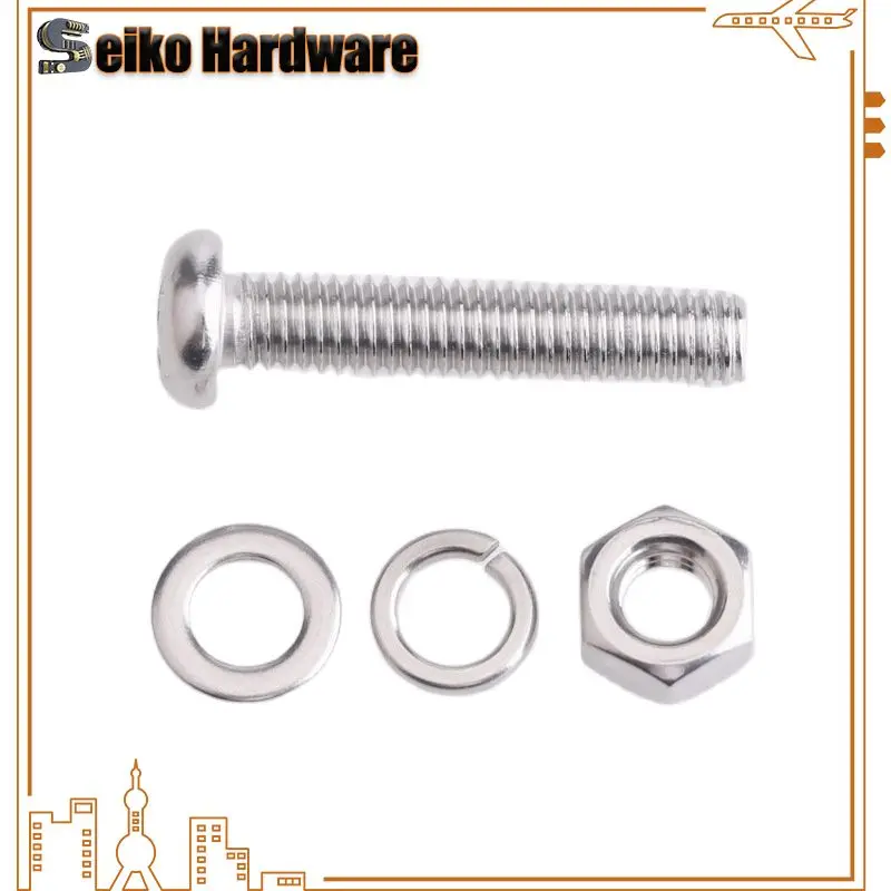 M2M2.5M3M4 Stainless Steel 304 Round Head Cross Screw Nut Gasket Set Complete Spring Pad Combination