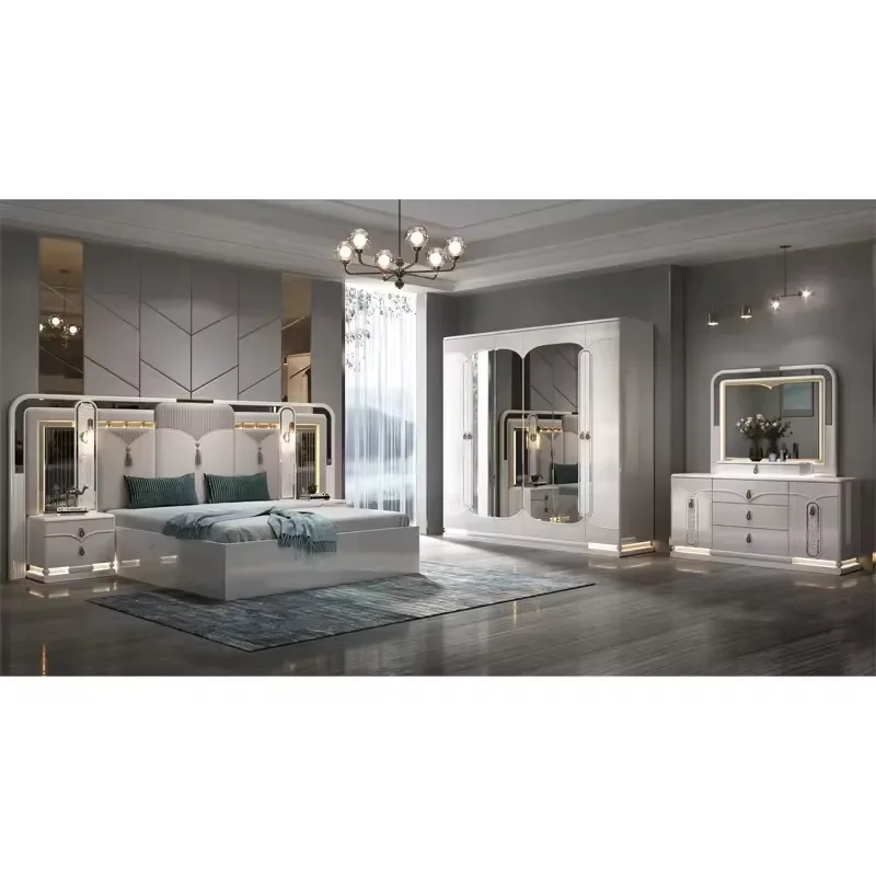 Modern King Size Bed Frame Stainless Steel Luxury Bedroom Furniture Set Soft Upholstered Headboard Dresser Home Living Room