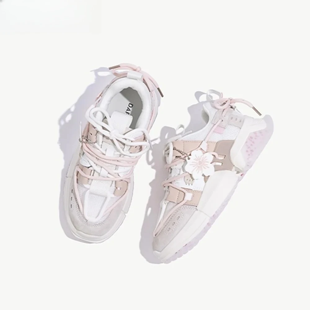 

Sweet Mesh Cherry Blossom Sneakers 2025 Spring New Casual Comfortable Round Thick Sole Running Shoes Lace Up Fashion Women Shoes