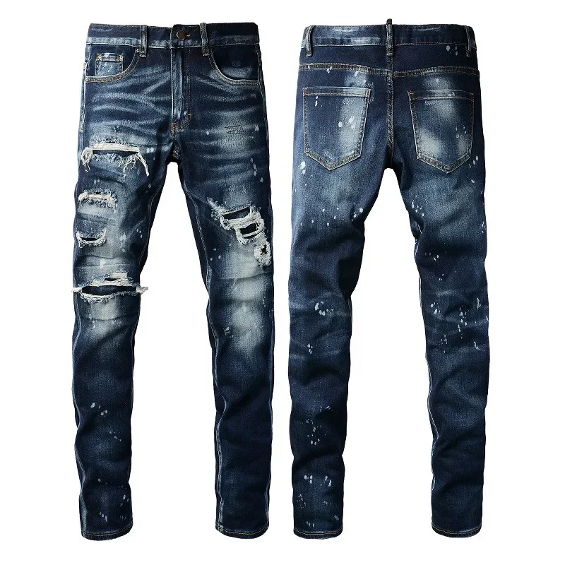 2025 Autumn New Dark Blue Washed Vintage Whisker Patch Ripped Elastic Tapered Splatter Jeans