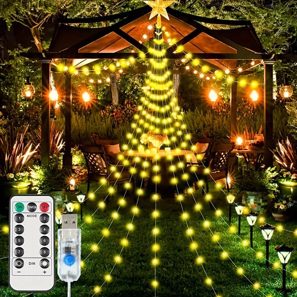 2M192LED/3M282LED USB Star Waterfall Fairy Light String, 8-Mode with Remote Control, Hanging Christmas Party Lighting Decoration