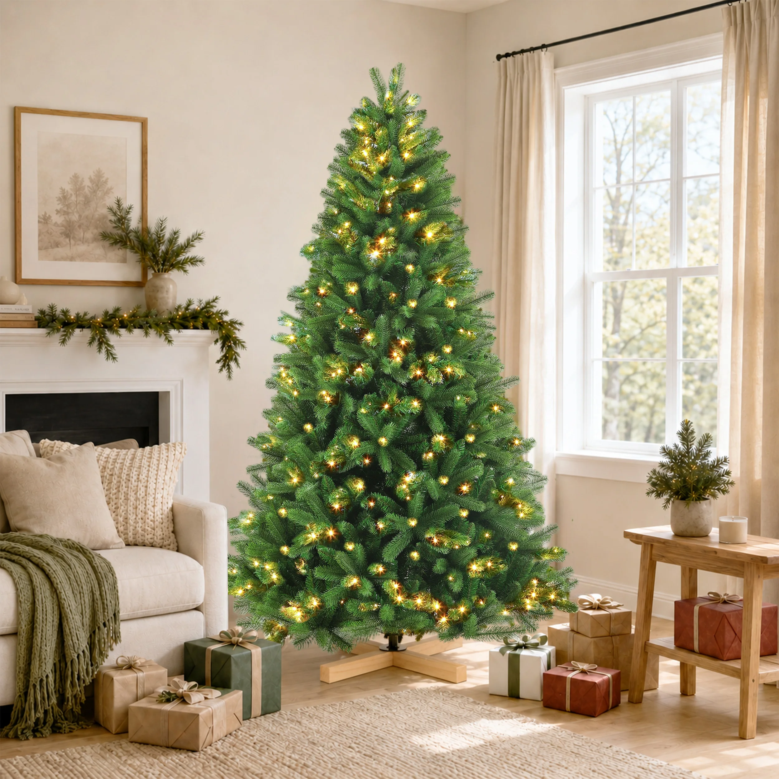 Vorgefertigter künstlicher Weihnachtsbaum mit gemischten PE- und PVC-Zweigen, warmweißes LED-Licht, flammhemmende, geruchlose Spitzen, Holzständer, 180/210/235 cm, vollständig wiederverwendbarer Weihnachtsbaum für Heim-, Büro- und Partydekoration. – Detail 1