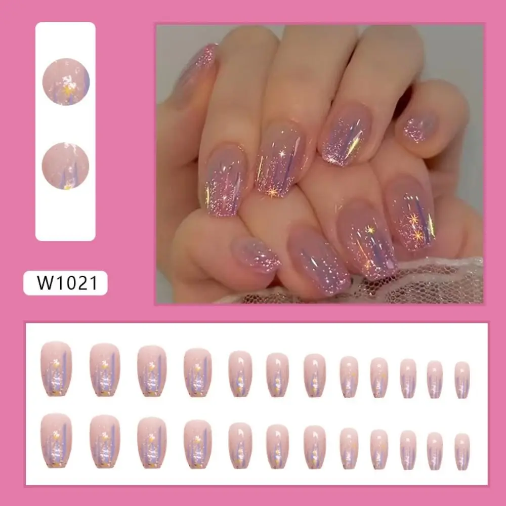 Long Ballerina False Nails New Full Cover Aurora Gradient Pink White Fake Nails French Crystal Detachable Nail Tips Women Girls