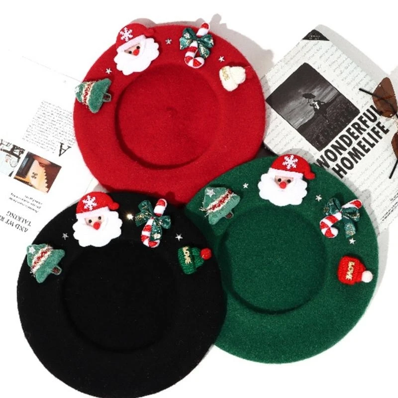 652F Adult Christmas Theme Berets Outdoor Windproof Hat Painter Hat Photography for Woman Outside Festival Hair Accessories