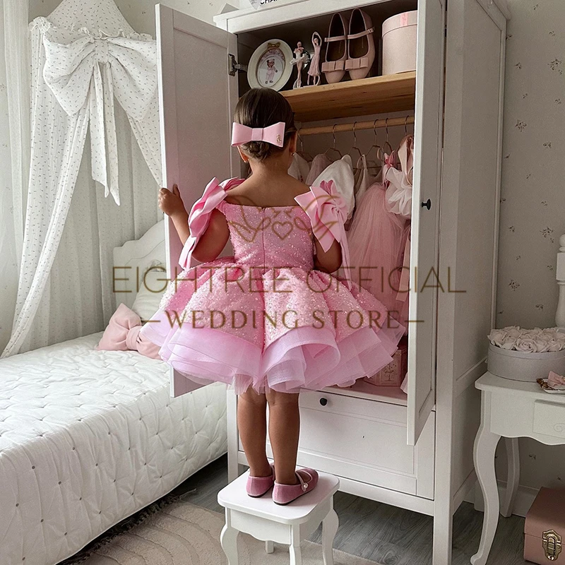 Eightree Pink Tulle Flower Girl Dress For Wedding Puffy Sequins Kids Christmas Baby Birthday First Communion Gowns Customized