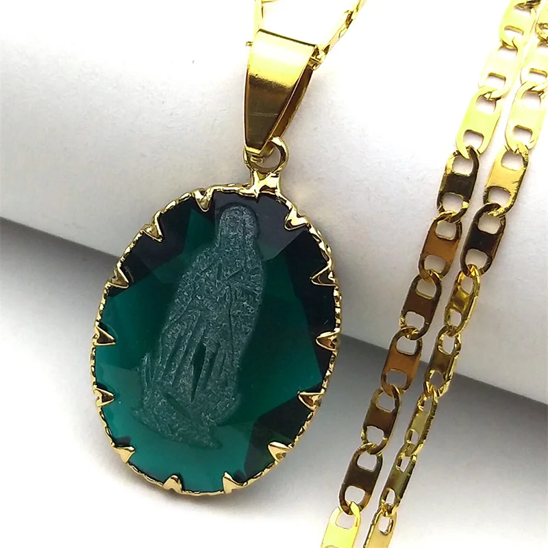 Collar con colgante de Nuestra Señora de Guadalupe de la Virgen María, cadena religiosa de cristal transparente para hombres y mujeres, joyería virgen de