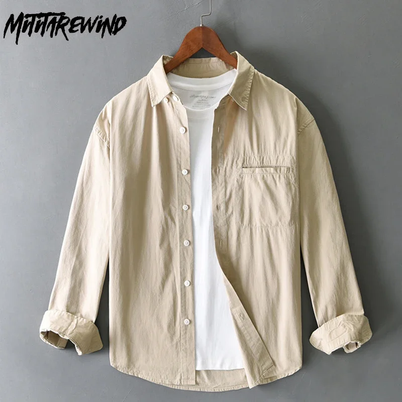

Spring Summer New Mens Long Sleeve Shirts Japanese Vintage Shirt Men 100%Cotton Khaki Shirt Daily Lapel Pocket Loose Tops Simple