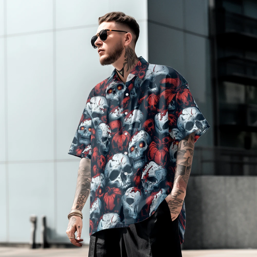 

Summer casual oversized short sleeved shirt with skull print, loose fit Hawaiian beach comfortable trend, single breasted