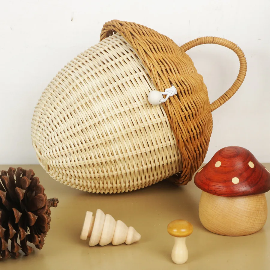 Mushroom Basket Bag Rattan Storage Wicker Kids Handbag Ventilate Box Picnic Sundries Organizer Basket Hand Woven Storage Baskets