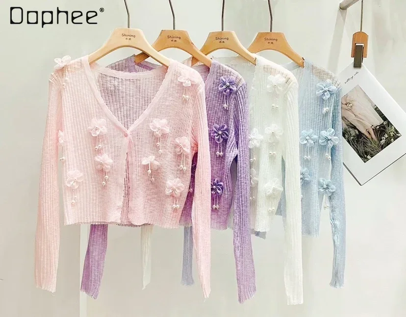 

2024 Spring Summer New Cardigan Women Sunscreen Knitwear 3d Flower Long Sleeve V Neck Single Button Crop Top See Through Sweet