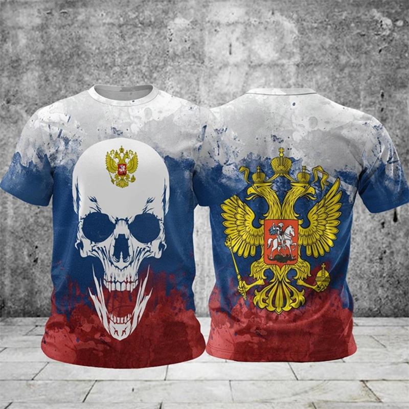 Russian Flag Printed T-shirt Men's Clothes Short Sleeve Round Neck Tees Top 3D Printed Russian Pattern Streetwear Loose T Shirts