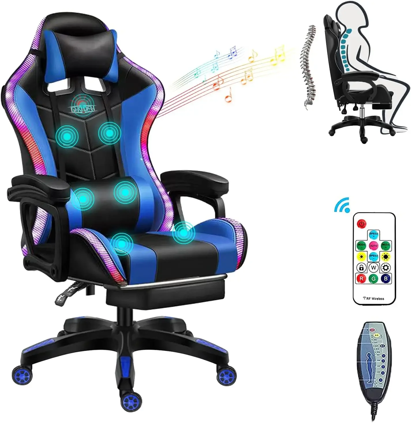 

RGB Gaming Chair with Massage and Footrest Video Gaming Chair with Speakers and LED Light Effect, 90°-135° Adjustable Reclining