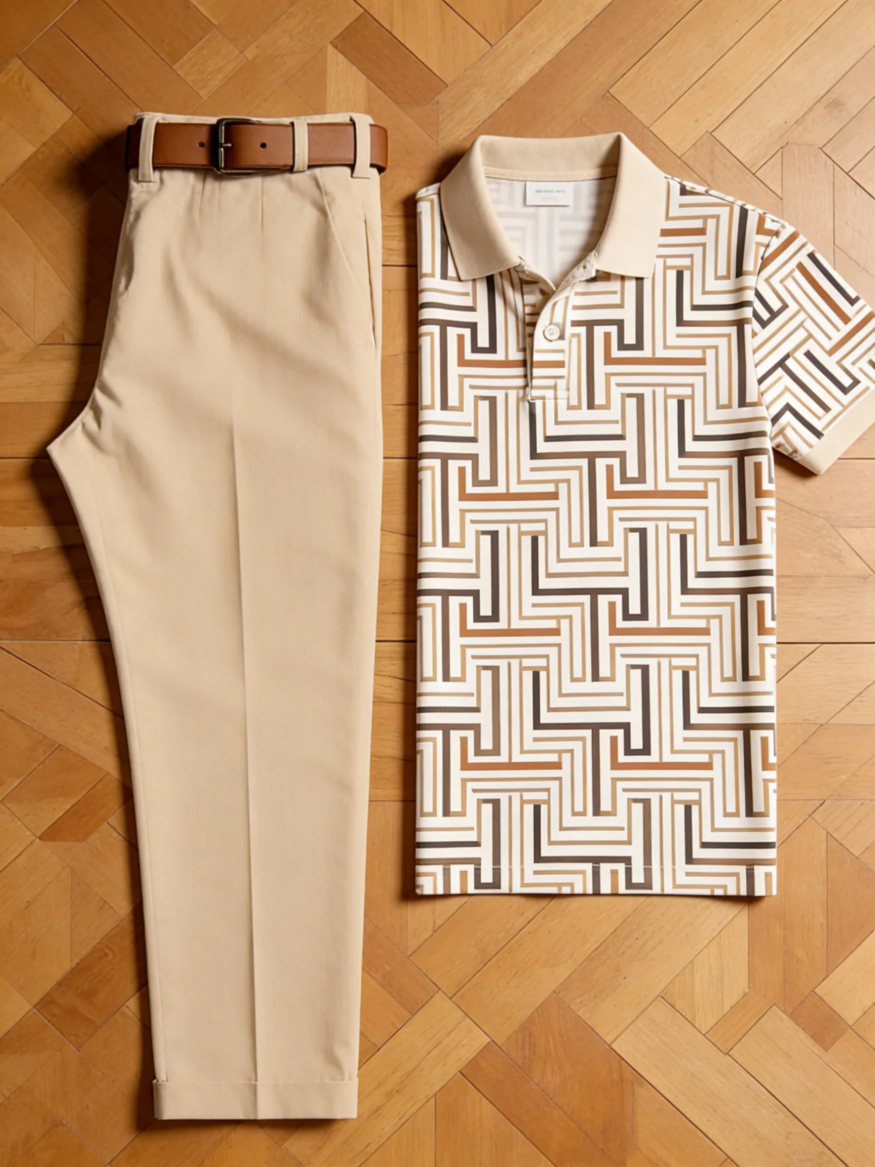 1 top (without pants) 2026 New Men's Casual Sports Polo Shirt Khaki Labyrinth Striped 3D Printed Short Sleeve Top Retro Style