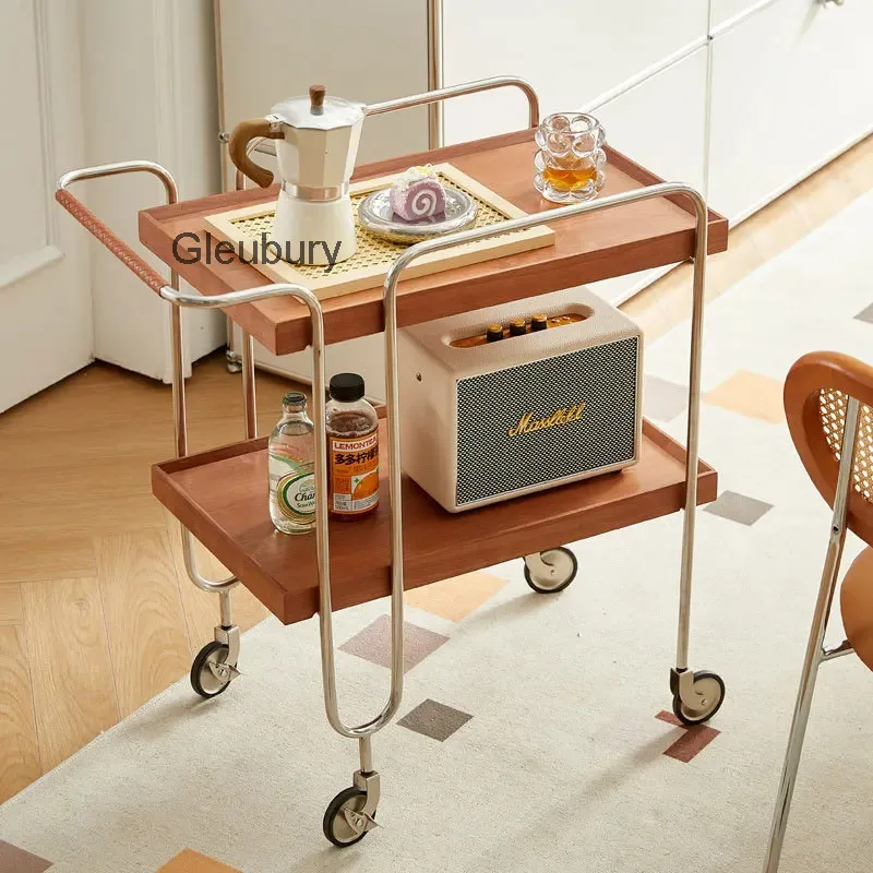 Home Living Solid Room Wood Small Cart Nordic Movable Sofa Side Coffee Table Dining Car Antique Style Storage Rack
