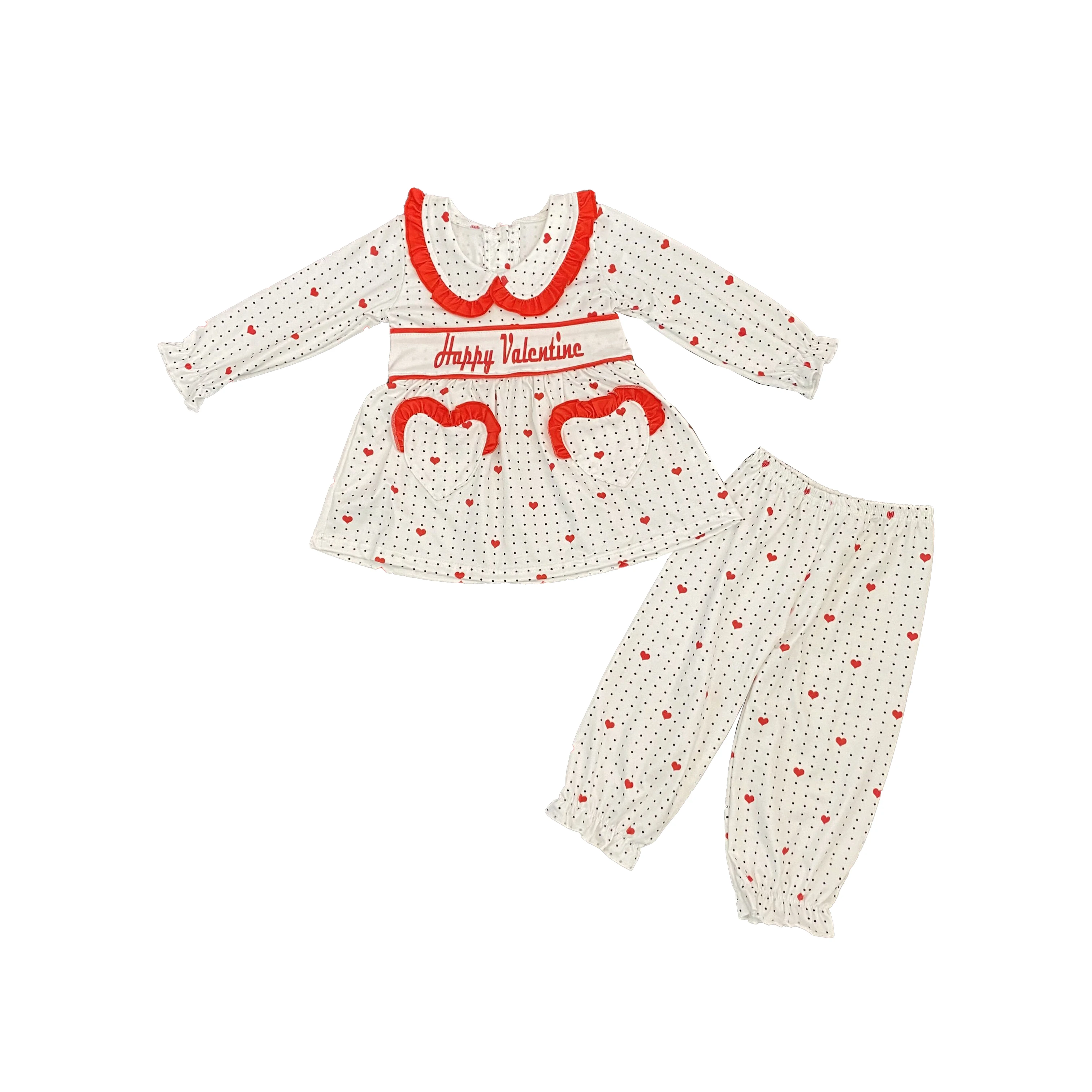 Wholesale Kids Valentine's Pajamas Outfits Heart Children Milk Silk Print Happy Valentine Girls Sets