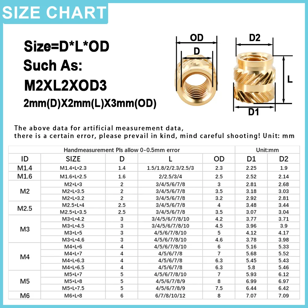 M2 M2.5 M3 M4 M5 M6 M8 Heating Brass Insert Nut Double Twilled Knurled Threaded 3d Printer Inserts Hot Melt Nuts Soldering Tips