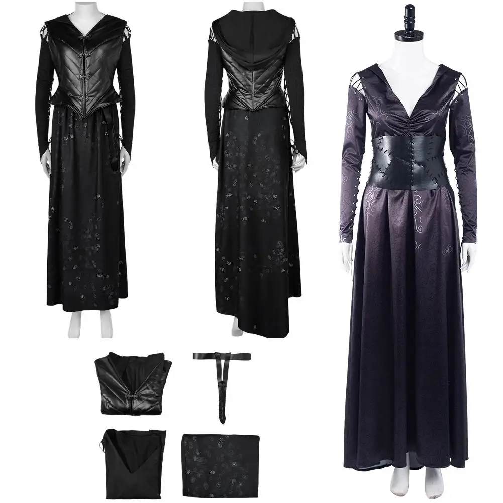 Bellatrix-Lestrange Filme Cosplay para Mulheres, Vestido Preto, Meninas Fantasia Roupas, Halloween, Festa de Carnaval, Terno Disfarçado