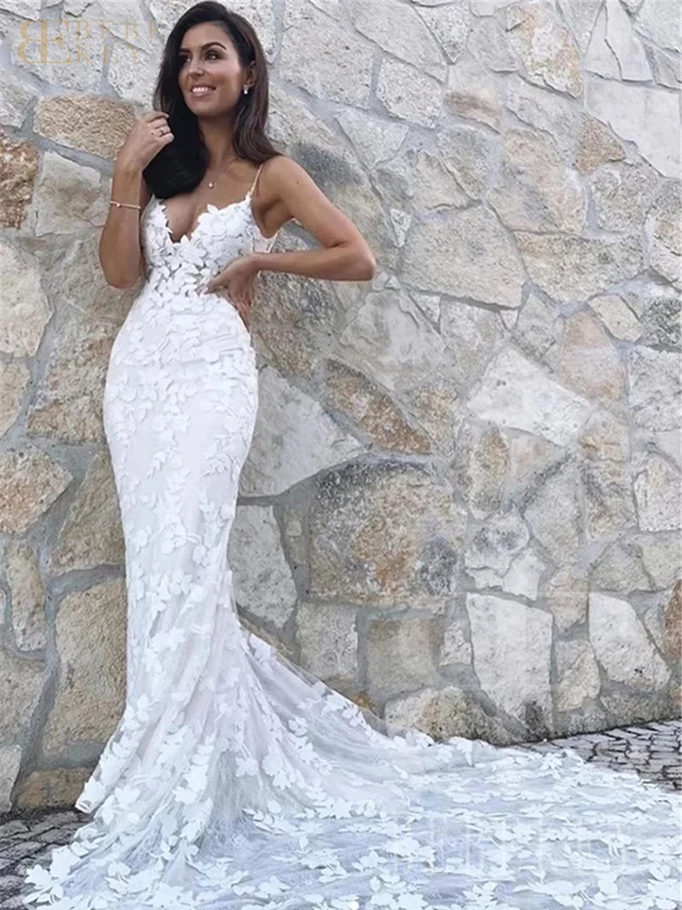 BEBEKEY Abito da sposa sexy in pizzo personalizzato senza spalline Abito da cerimonia nuziale a sirena Abiti da sposa senza schienale Abiti formali Robe